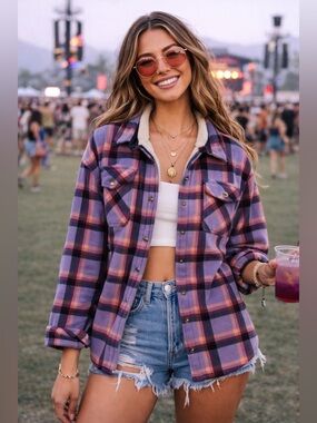 SAGE Collective purple & Lavender Plaid Fleece Jacket with Sherpa Lining XXL